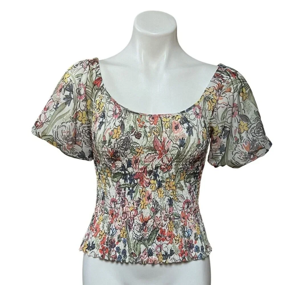 By Anthropologie Aurelia Floral Smocked Mesh Net Top Small Puff Sleeve